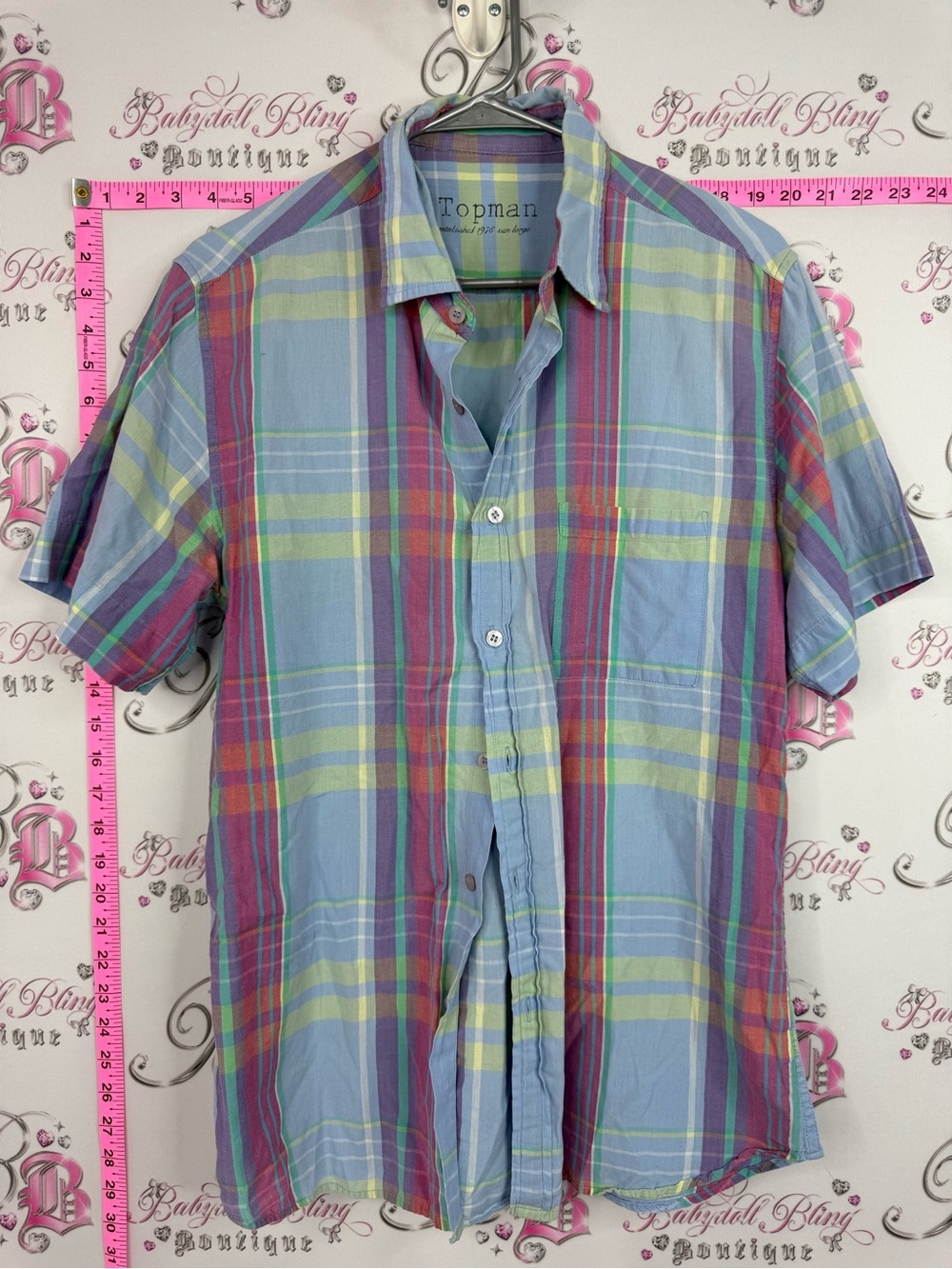 Topman Pastel Blue Plaid Short Sleeve Button-Up Shirt